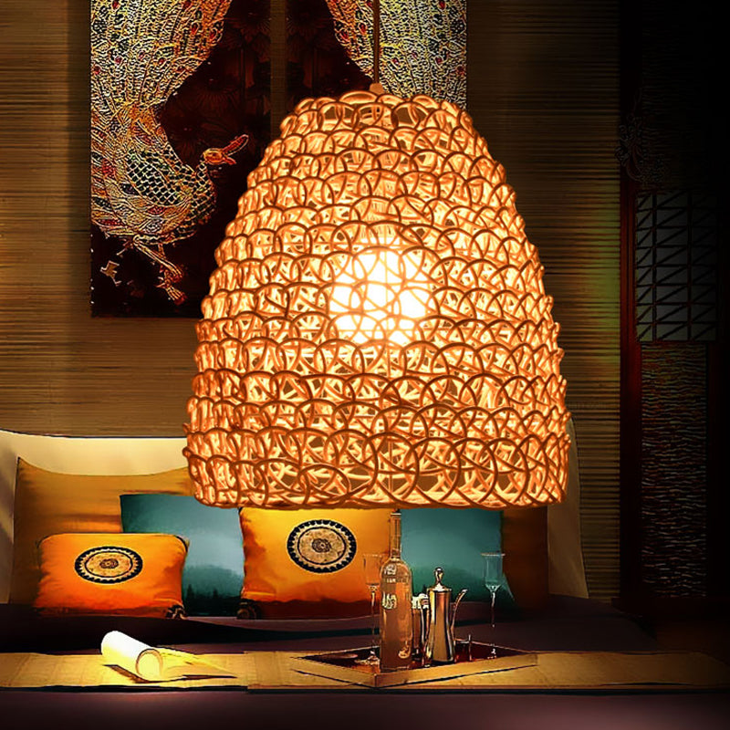 Contemporary Bamboo Basket/Trumpet Hanging Lamp: Wood Pendant Light Perfect For Restaurants