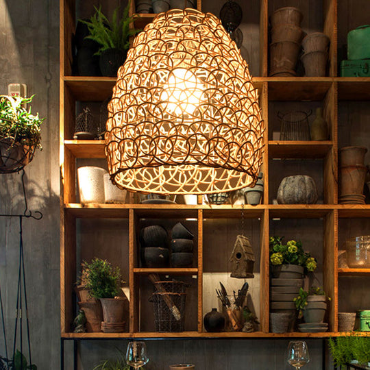 Contemporary Bamboo Basket/Trumpet Hanging Lamp: Wood Pendant Light Perfect For Restaurants