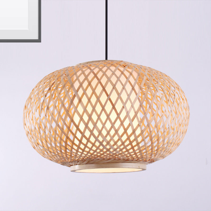 Bamboo Lantern Pendant Light - Traditional Wood Hanging Lamp Kit With 1 Bulb 16/19.5 Wide / 16