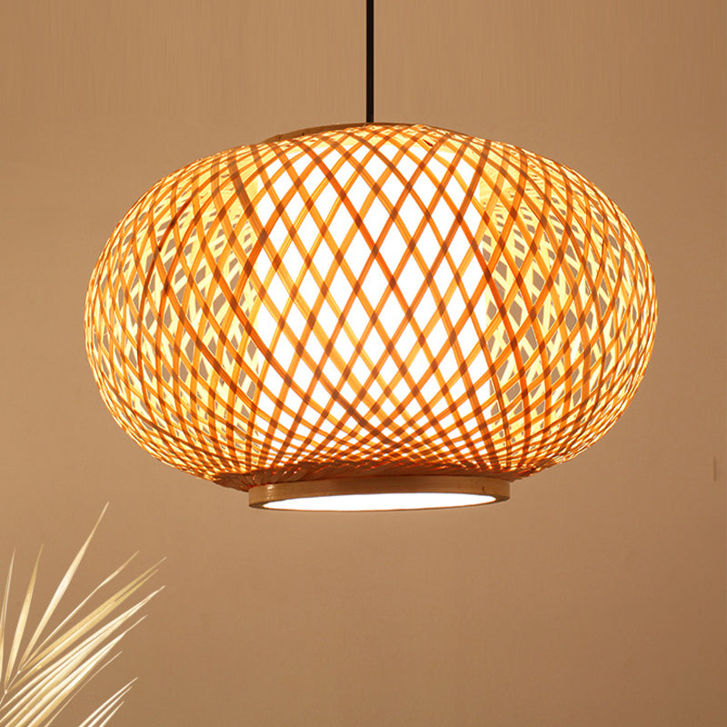 Bamboo Lantern Pendant Light - Traditional Wood Hanging Lamp Kit With 1 Bulb 16/19.5 Wide