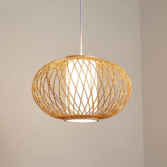 Bamboo Lantern Pendant Light - Traditional Wood Hanging Lamp Kit With 1 Bulb 16/19.5 Wide / 19.5