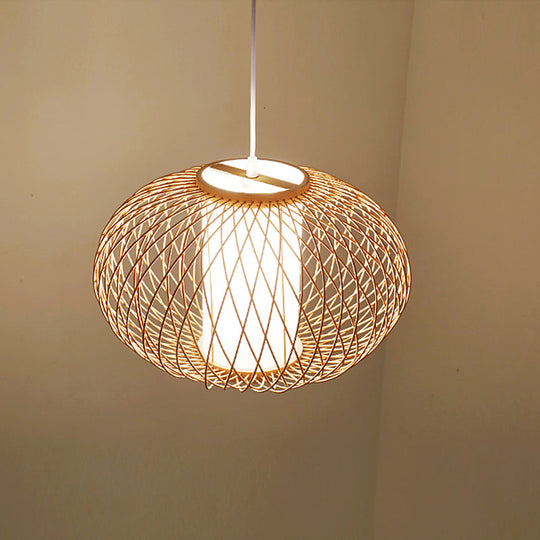 Bamboo Lantern Pendant Light - Traditional Wood Hanging Lamp Kit With 1 Bulb 16/19.5 Wide