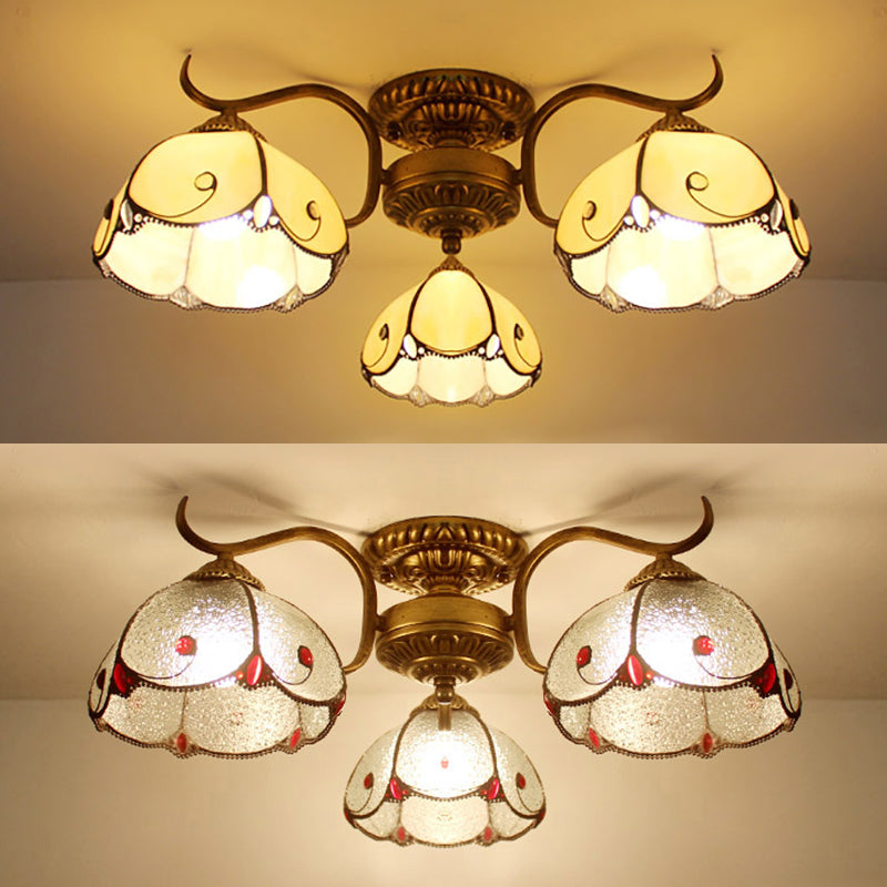 Tiffany Lodge Style Scalloped Semi Flush Ceiling Light with Stained Glass – 3 Lights Beige/Clear