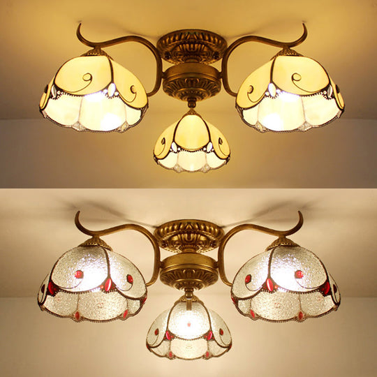 Tiffany Lodge Style Scalloped Semi Flush Ceiling Light With Stained Glass 3 Lights Beige/Clear