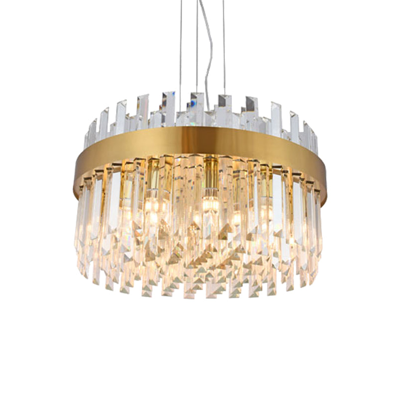 Contemporary Brass Drum Chandelier With Crystal Facets - 5-Light Ceiling Pendant