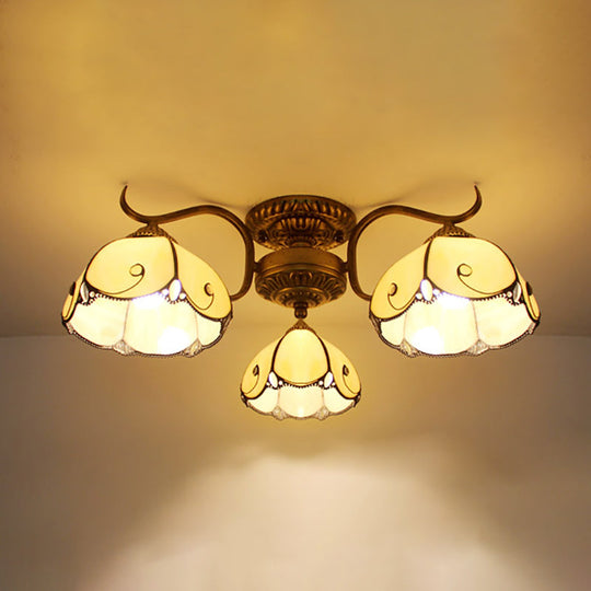 Tiffany Lodge Style Scalloped Semi Flush Ceiling Light with Stained Glass – 3 Lights Beige/Clear