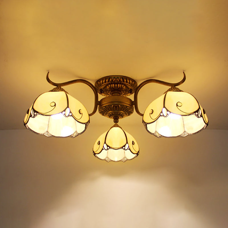 Tiffany Lodge Style Scalloped Semi Flush Ceiling Light With Stained Glass 3 Lights Beige/Clear Beige