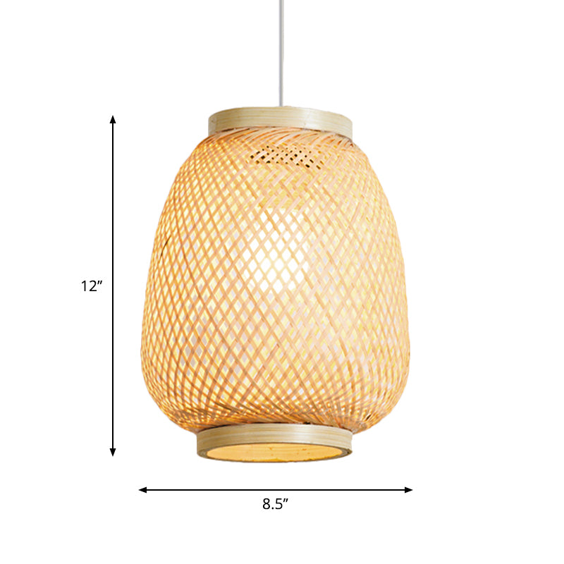 Traditional Bamboo Lantern Pendant Light For Teahouse - 1 Bulb Hanging Lamp Kit