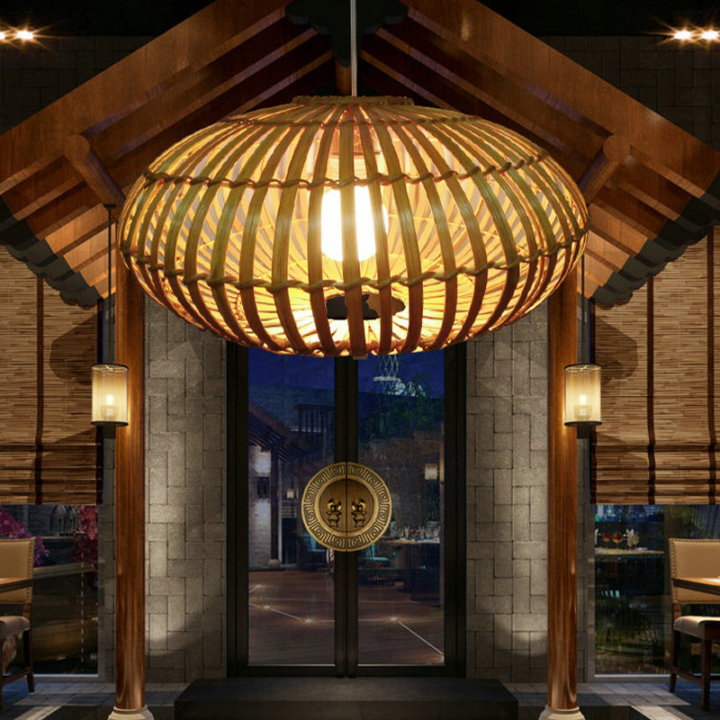 Wooden Restaurant Pendant Light with Bamboo Shade - Hanging Lamp Kit