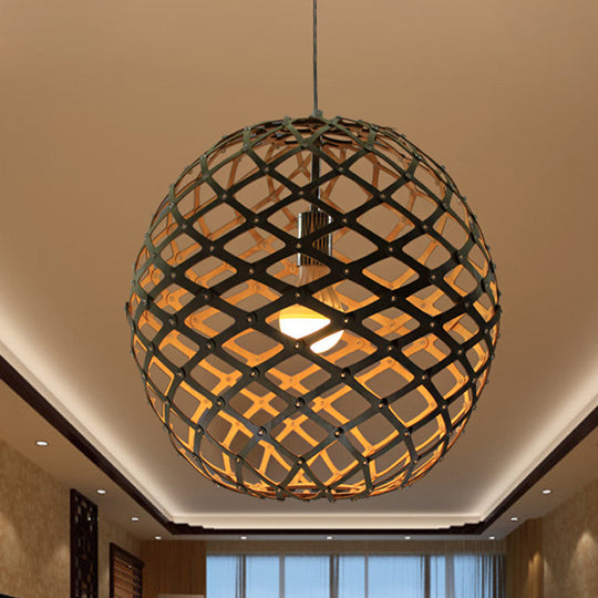 Sleek Cage Suspension Pendant - Contemporary Wood - Yellow - Hanging Light for Living Room