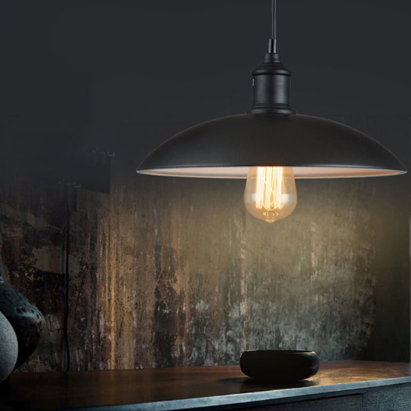 Retro Farmhouse Hanging Pendant Light One-Bulb Ceiling Fixture Metal Bowl Shade 13/16 Width Black