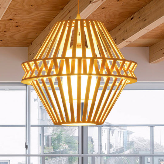 Asian Bamboo Cone Pendant Light with Inner White Fabric Shade - Wood Ceiling Hanging