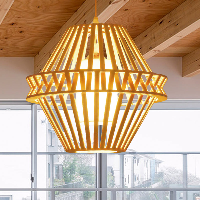 Bamboo Cone Pendant Lighting Wood Hanging Light With Fabric Shade - Asian-Inspired | 1 Bulb Ceiling