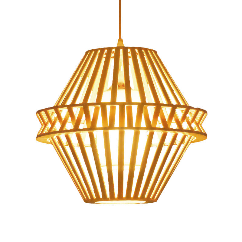 Asian Bamboo Cone Pendant Light with Inner White Fabric Shade - Wood Ceiling Hanging