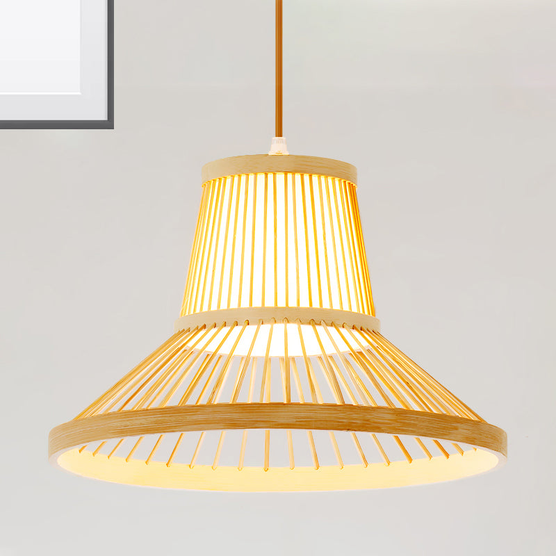 Wooden Pendant Light with Bamboo Shade: Traditional One-Bulb Hanging Lamp Fixture