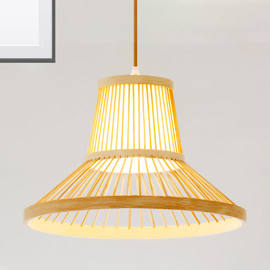 Wooden Pendant Light with Bamboo Shade: Traditional One-Bulb Hanging Lamp Fixture