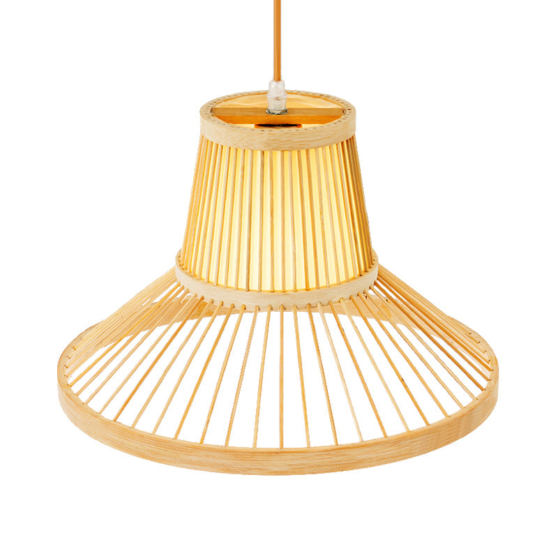 Wooden Pendant Light with Bamboo Shade: Traditional One-Bulb Hanging Lamp Fixture