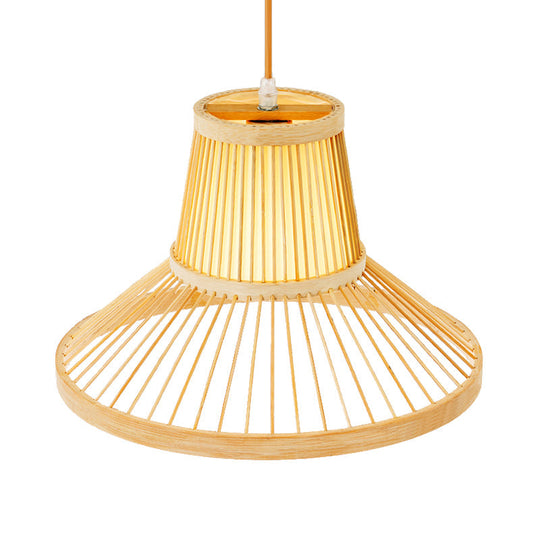 Classic Wood Hat Pendant Hanging Lamp With Bamboo Shade - 1 Bulb Light Fixture