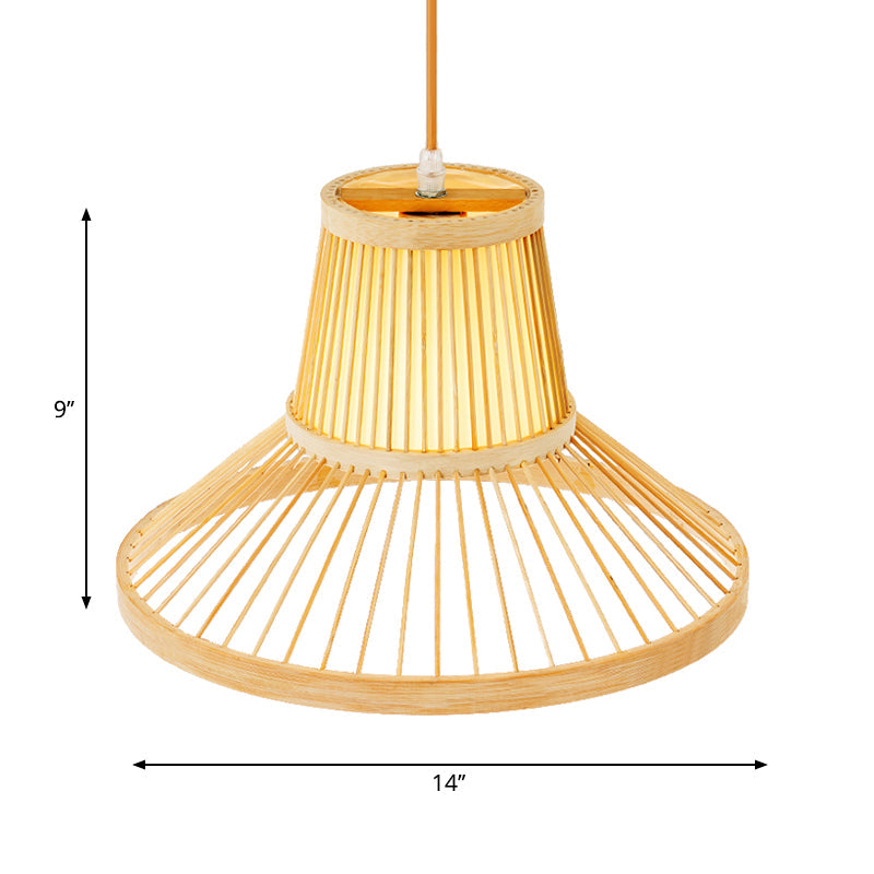 Classic Wood Hat Pendant Hanging Lamp With Bamboo Shade - 1 Bulb Light Fixture