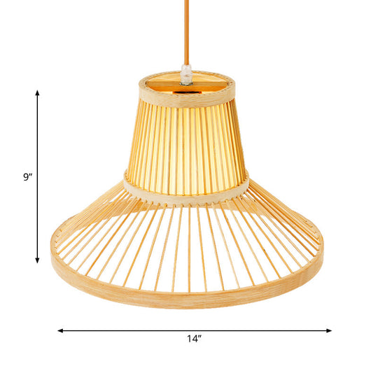 Classic Wood Hat Pendant Hanging Lamp With Bamboo Shade - 1 Bulb Light Fixture