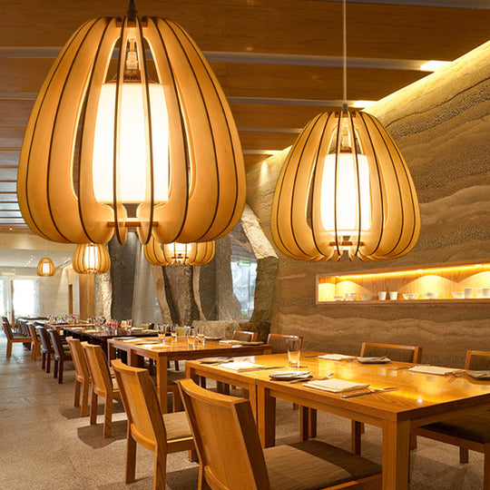 Contemporary Beige Wood Pendant Lamp For Restaurants - 1 Head Ceiling Light