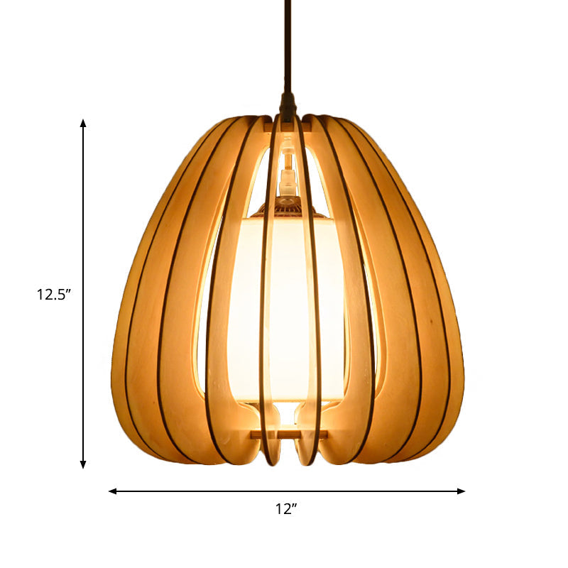 Contemporary Beige Pear Hanging Lamp - Wood Ceiling Pendant Light for Restaurants