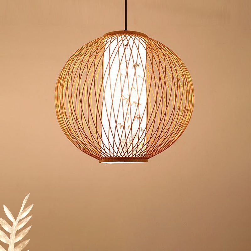 Bamboo Ball Pendant Light Fixture - Wood Hanging Lamp Kit (1 Bulb, 16"/19.5"/23.5" Width)