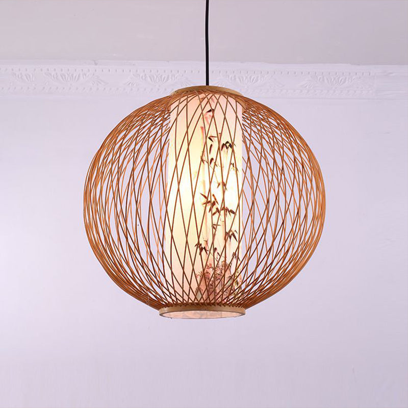 Bamboo Ball Pendant Light Fixture - Wood Hanging Lamp Kit (1 Bulb, 16"/19.5"/23.5" Width)