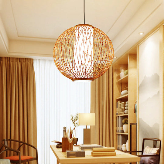 Bamboo Ball Pendant Light Fixture - Wood Hanging Lamp Kit (1 Bulb, 16"/19.5"/23.5" Width)