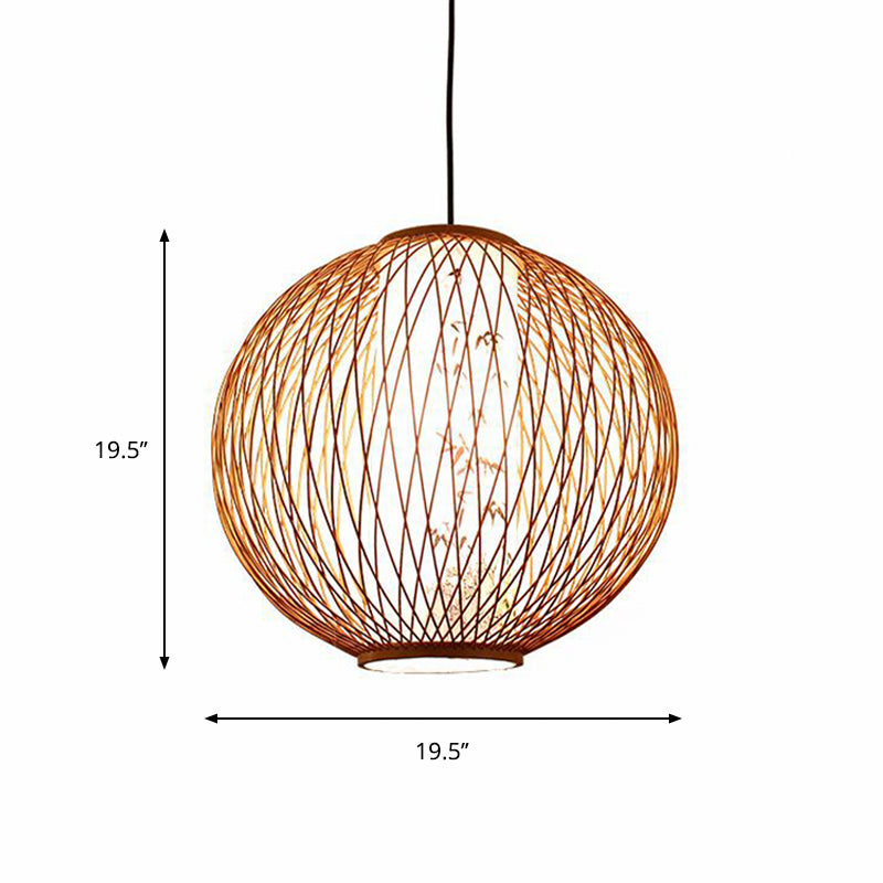 Bamboo Ball Pendant Light Fixture - Wood Hanging Lamp Kit (1 Bulb, 16"/19.5"/23.5" Width)