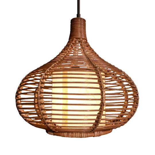 Bamboo Jar Pendant Light Kit with Inner Cylindrical Shade - Retro Style, Brown, 1 Bulb