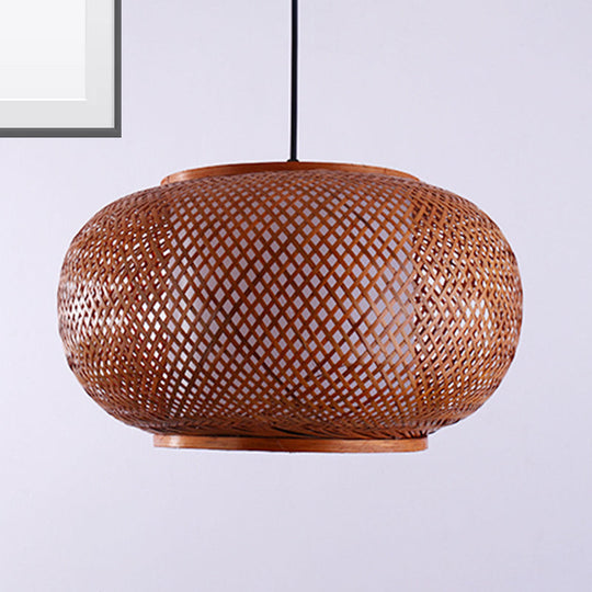 Curved Bamboo Drum Pendant Light Kit - Asian-inspired, 1 Bulb, Brown Hanging Lamp - 16"/19.5"/23.5" Wide