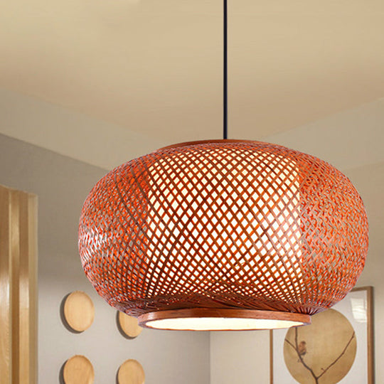 Curved Bamboo Drum Pendant Light Kit - Asian-inspired, 1 Bulb, Brown Hanging Lamp - 16"/19.5"/23.5" Wide