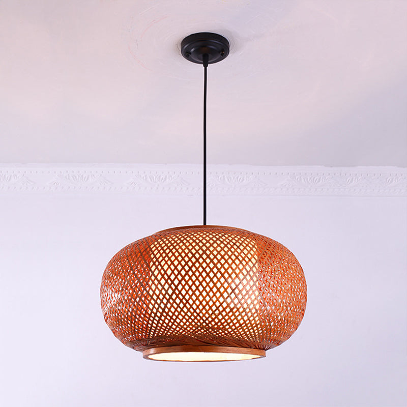 Curved Drum Suspension Pendant - Asian Bamboo 1-Bulb Brown Hanging Light Kit 16/19.5/23.5 Wide