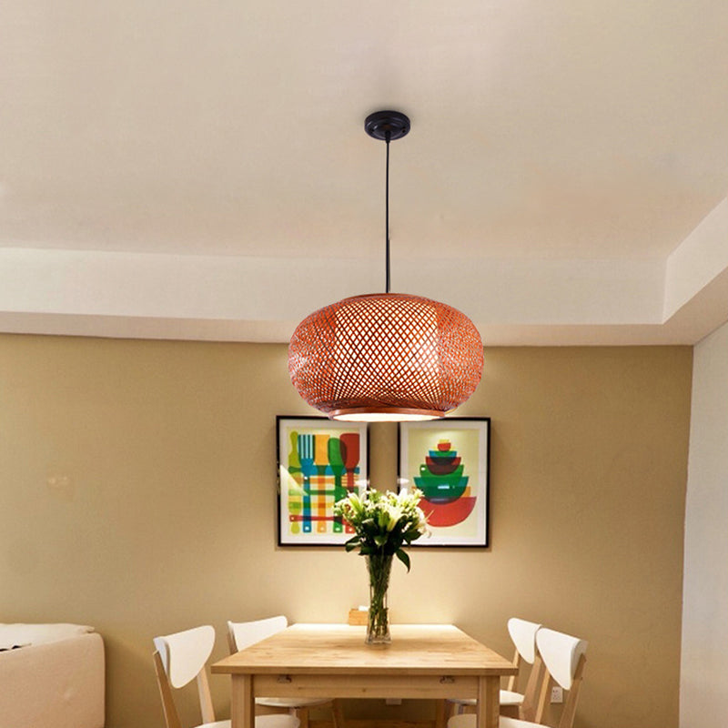 Curved Drum Suspension Pendant - Asian Bamboo 1-Bulb Brown Hanging Light Kit 16/19.5/23.5 Wide