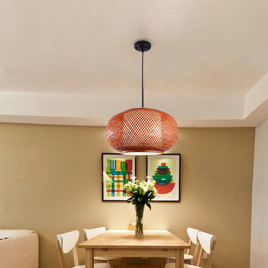 Curved Drum Suspension Pendant - Asian Bamboo 1-Bulb Brown Hanging Light Kit 16/19.5/23.5 Wide