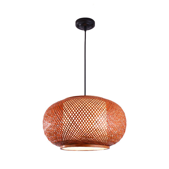 Curved Drum Suspension Pendant - Asian Bamboo 1-Bulb Brown Hanging Light Kit 16/19.5/23.5 Wide