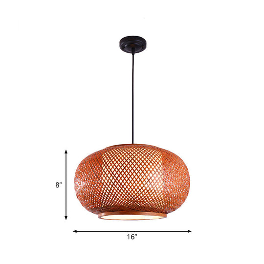 Curved Drum Suspension Pendant - Asian Bamboo 1-Bulb Brown Hanging Light Kit 16/19.5/23.5 Wide