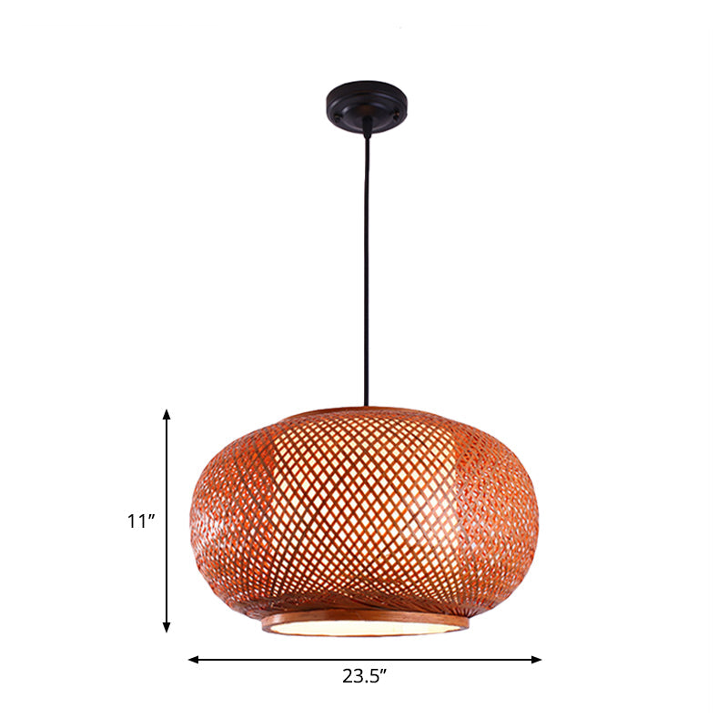 Curved Drum Suspension Pendant - Asian Bamboo 1-Bulb Brown Hanging Light Kit 16/19.5/23.5 Wide