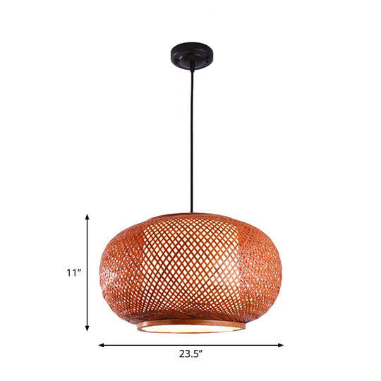 Curved Drum Suspension Pendant - Asian Bamboo 1-Bulb Brown Hanging Light Kit 16/19.5/23.5 Wide