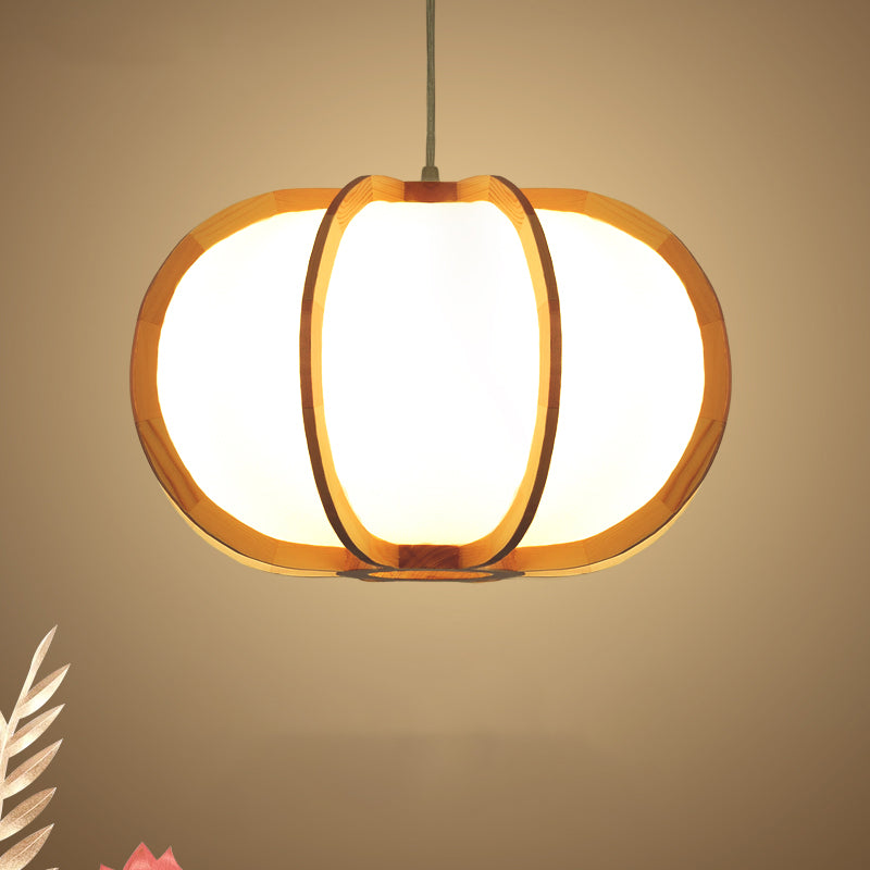 Traditional Beige Round Wood Pendant Light - 1 Bulb Hanging Lamp Kit For Restaurants