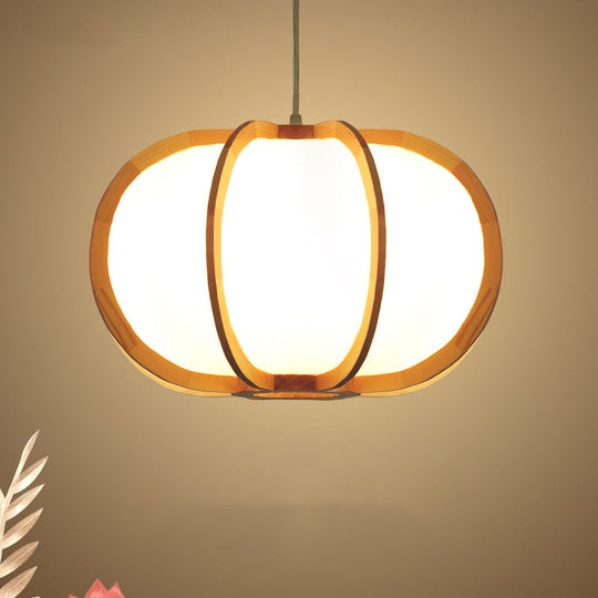 Traditional Beige Round Wood Pendant Light - 1 Bulb Hanging Lamp Kit For Restaurants