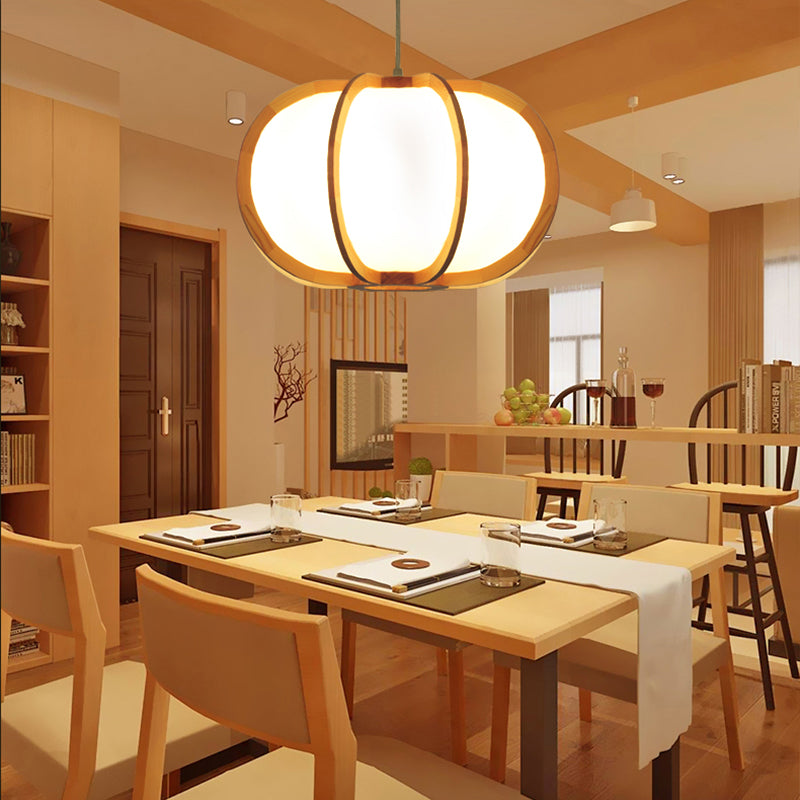 Traditional Beige Round Wood Pendant Light - 1 Bulb Hanging Lamp Kit For Restaurants