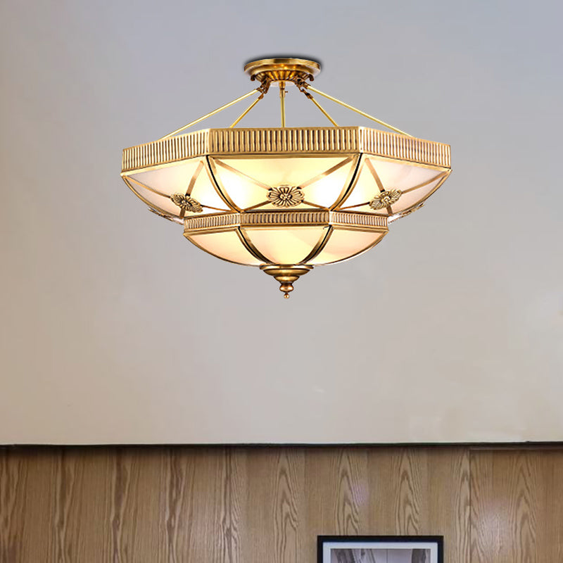 Classic Domed Semi Flush Light With Milky Glass Gold Mount - 4/6 Lights 18/25 Wide / 18