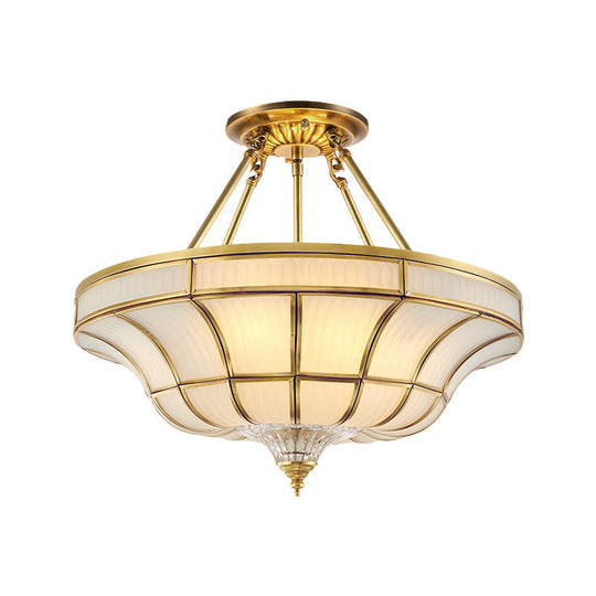 Antique Brass Semi Flush Ceiling Mount Light With Curved Frosted Glass - 3/6 Lights 16/19.5 Wide