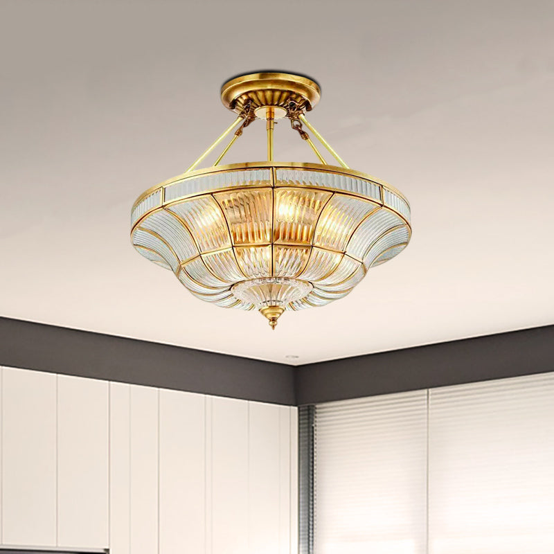 Traditional Brass Semi Flush Light with Clear Ribbed Glass Shade - 16"/19.5" Wide, 3/6 Lights - Bedroom Semi-Flush Mount