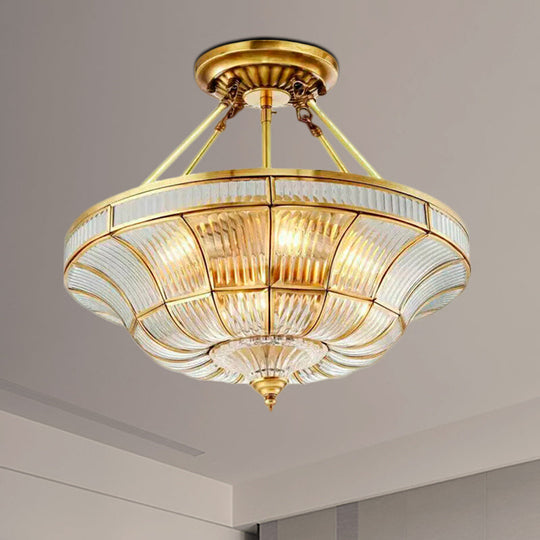 Traditional Brass Semi Flush Light with Clear Ribbed Glass Shade - 16"/19.5" Wide, 3/6 Lights - Bedroom Semi-Flush Mount