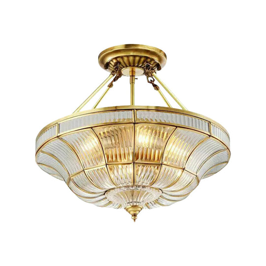 Traditional Brass Semi Flush Light with Clear Ribbed Glass Shade - 16"/19.5" Wide, 3/6 Lights - Bedroom Semi-Flush Mount