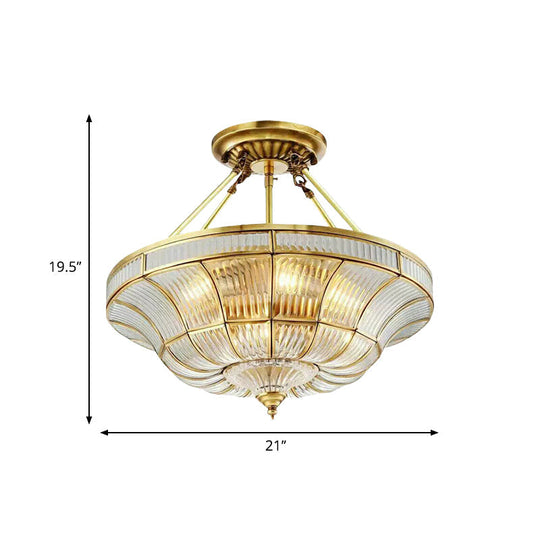 Traditional Brass Semi Flush Light with Clear Ribbed Glass Shade - 16"/19.5" Wide, 3/6 Lights - Bedroom Semi-Flush Mount