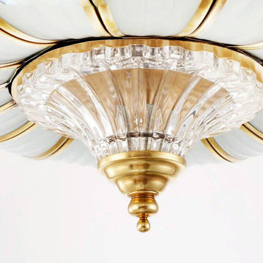 Traditional Brass Semi Flush Light with Clear Ribbed Glass Shade - 16"/19.5" Wide, 3/6 Lights - Bedroom Semi-Flush Mount